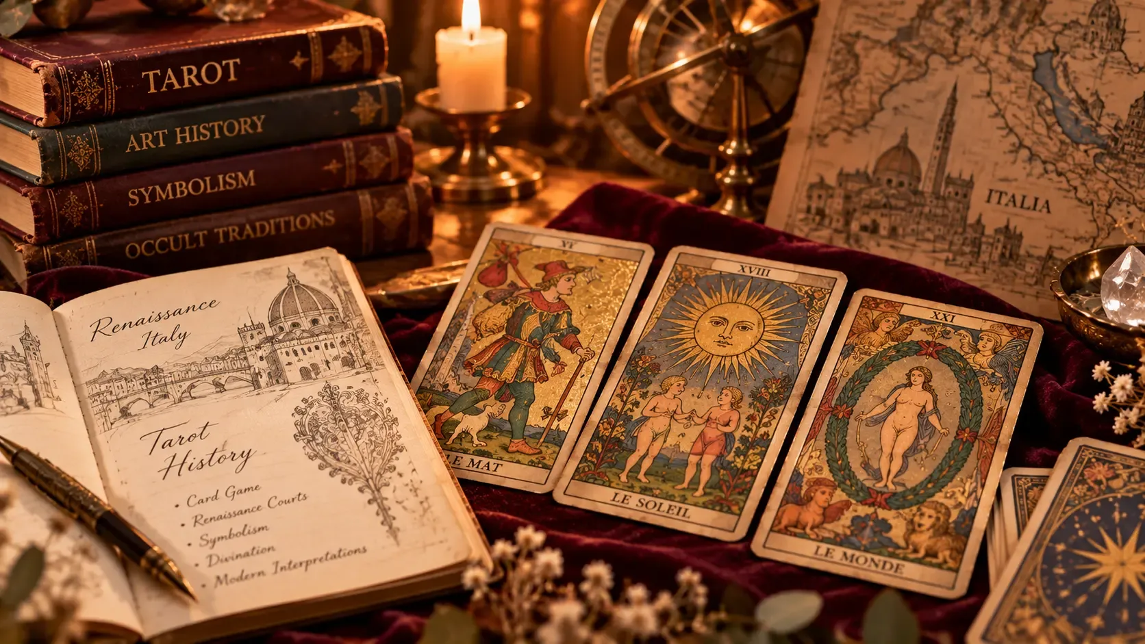 Historical-style tarot cards arranged with antique books, a map of Italy, and an open journal exploring the history of tarot.