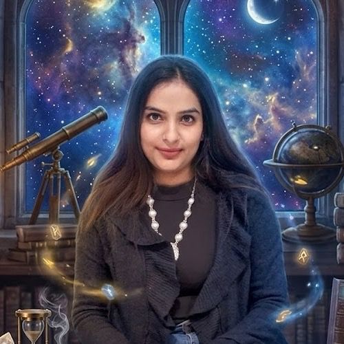 Portrait of Nishee, tarot reader, against a starry sky