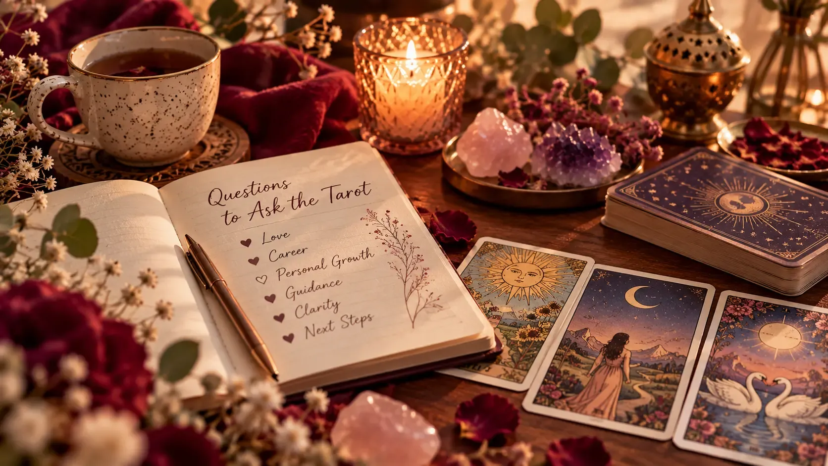 Tarot cards beside an open journal and candlelight, creating a peaceful setting for a reflective tarot reading.