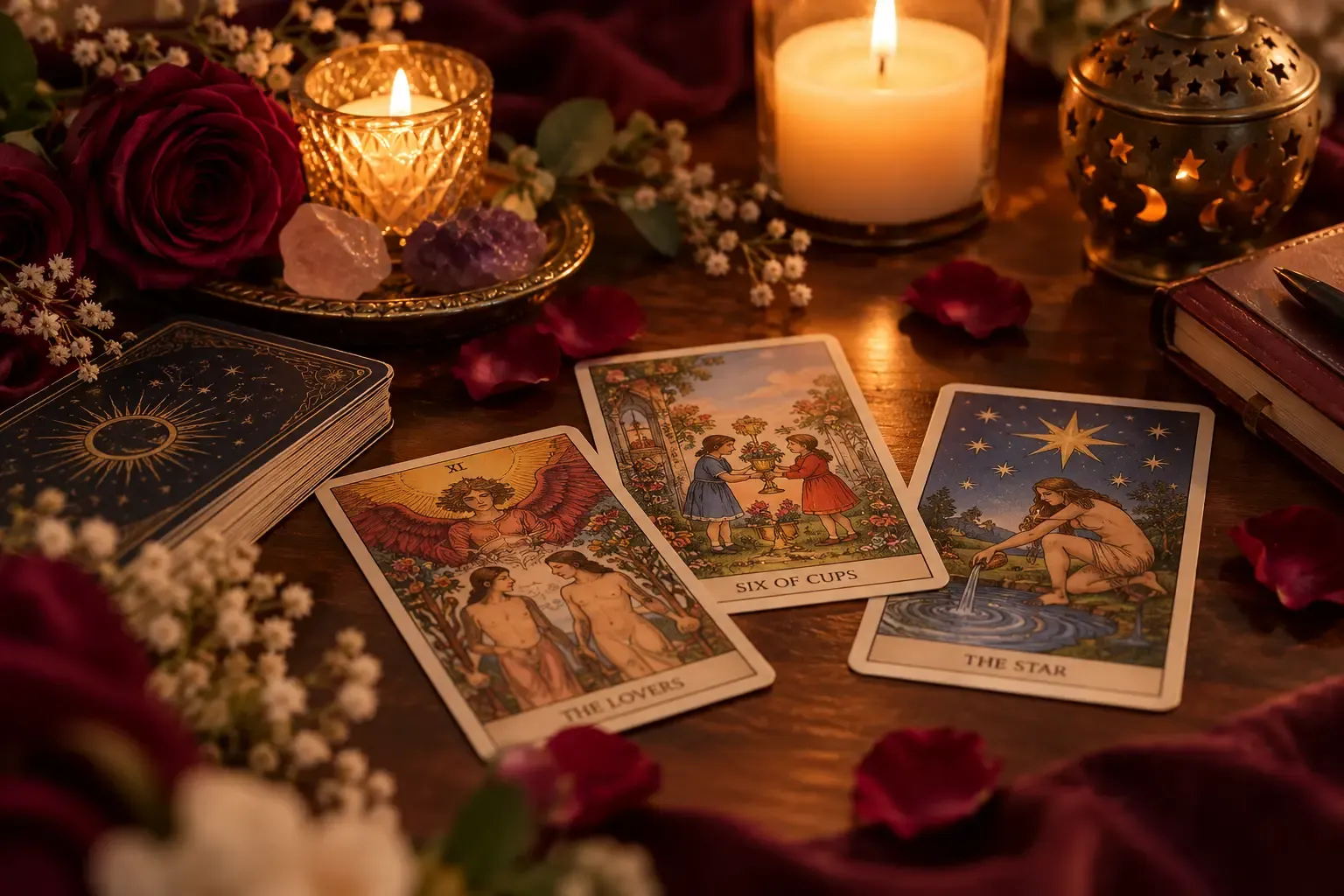 Tarot cards arranged for a reflective love reading, surrounded by warm candlelight, burgundy roses, and rose petals.